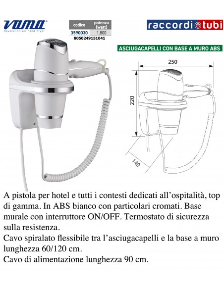 ASCIUGACAPELLI 1800W CON BASE A MURO IN ABS BIANCO