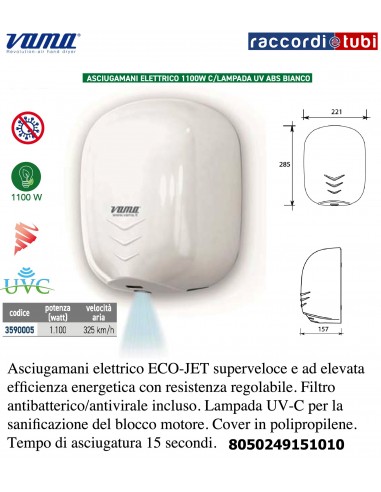 ASCIUGAMANI ELETTRICO 1100W CON LAMPADA UV