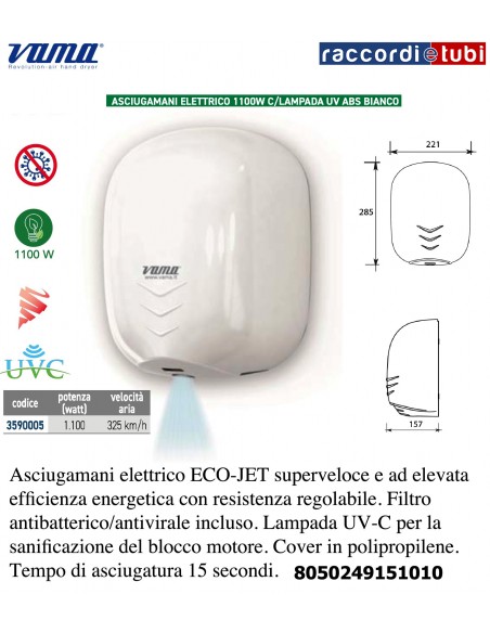 ASCIUGAMANI ELETTRICO 1100W CON LAMPADA UV