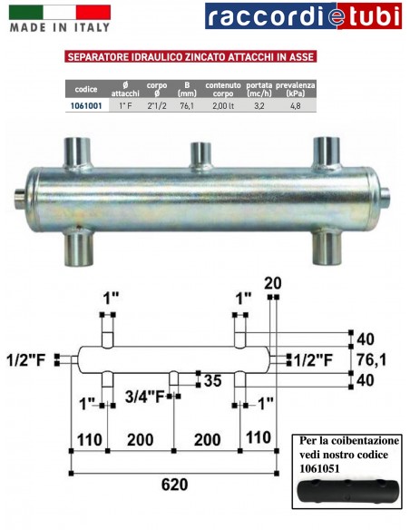 SEPARATORE IDRAULICO IN ACCIAIO ZINCATO 2''1/2 x 1''F 620 mm