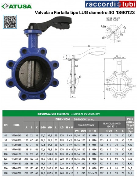 VALVOLA  A FARFALLA  LUG DN  40 PN10-16 DISCO GHISA