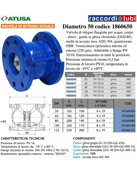 VALVOLA RITEGNO ASSIALE DN  50 PN10-16 DISCO IN GHISA