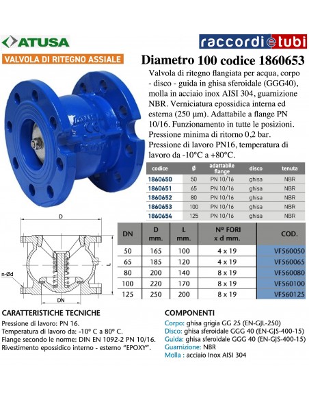 VALVOLA RITEGNO ASSIALE DN 100 PN10-16 DISCO IN GHISA
