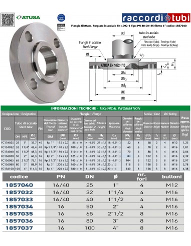 FLANGIA FILETTATA DN 25 - 1'' PN 16-40 (4 fori)