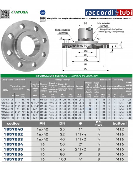 FLANGIA FILETTATA DN 65 - 2''1/2 PN 16 (8 fori)