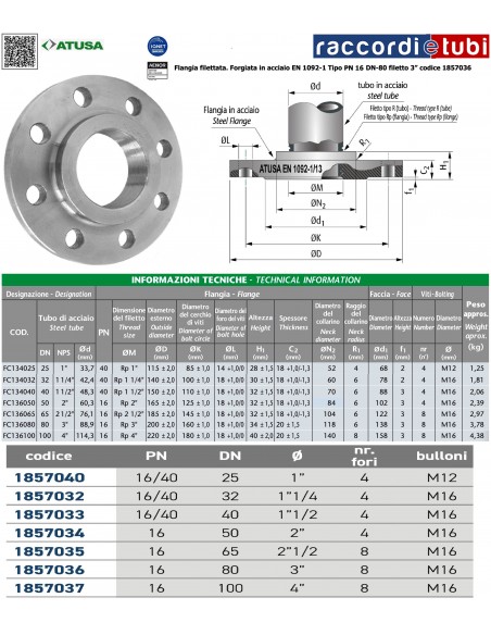 FLANGIA FILETTATA DN 80 - 3" PN 16 (8 fori)