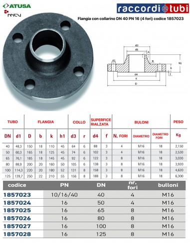 FLANGIA  A COLLARINO D. 40 PN 10/16/40  (4 fori)