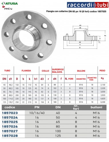 FLANGIA  A COLLARINO D. 65 PN 16  (8 fori)