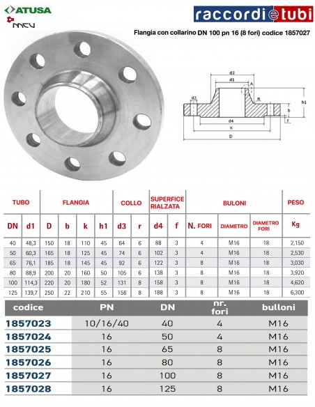 FLANGIA  A COLLARINO D.100 PN 16  (8 fori