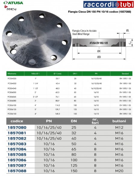 FLANGIA CIECA D.150 PN 10/16  (8 fori)