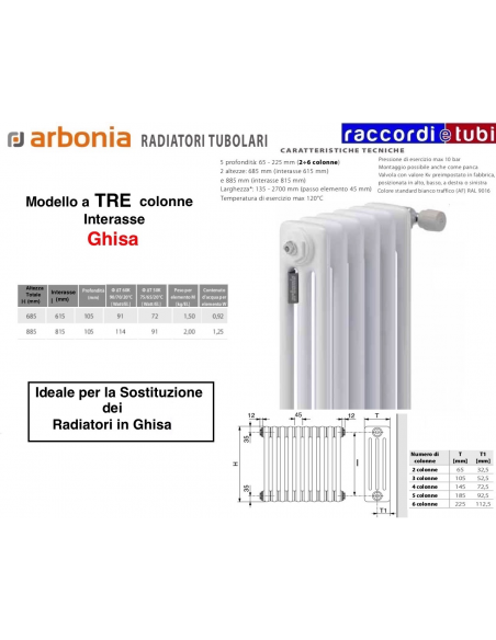 RADIATORE IN ACCIAIO ARBONIA 3 COLONNE H.mm.685