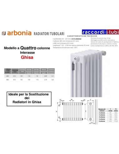 RADIATORE IN ACCIAIO ARBONIA 4 COLONNE H.mm.885