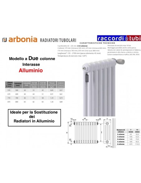 RADIATORE IN ACCIAIO ARBONIA 2 COLONNE H.mm.870