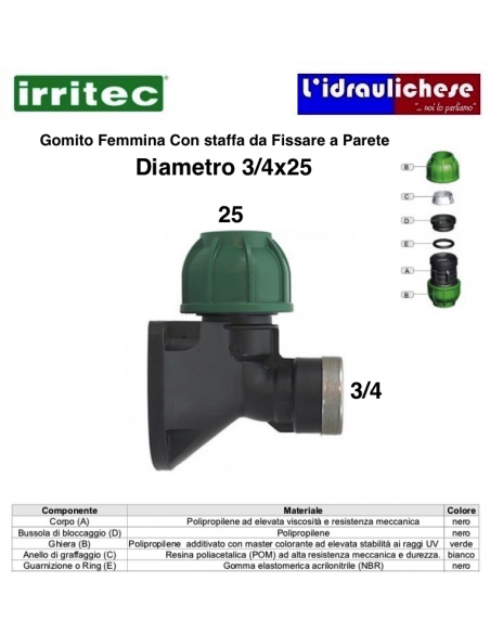 GOMITO A COMPR.CON STAFFA CONNECTO 25X3/4 FEMMINA