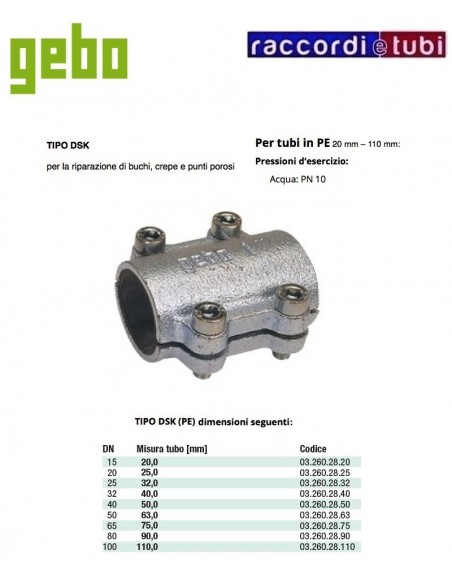 Morsetto di riparazione in ghisa per tubo PE e PVC diametro 20