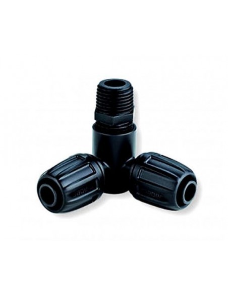 GOMITO PER TUBO PE TRE VIE 16X1/2FX16 CON GHIERE DI SERRAGGIO