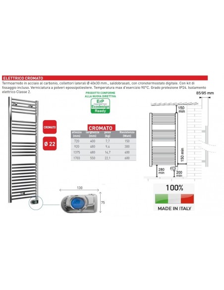 TERMOARREDO ELETTRICO CROMATO CLOE  720x400 C/TERM. 300W CR