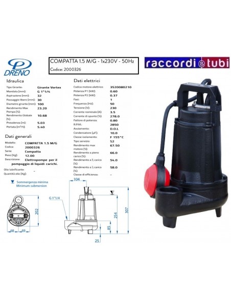 ELETTROPOMPA A IMMERSIONE DRENO COMPATTA 1,5 M/G 230VF