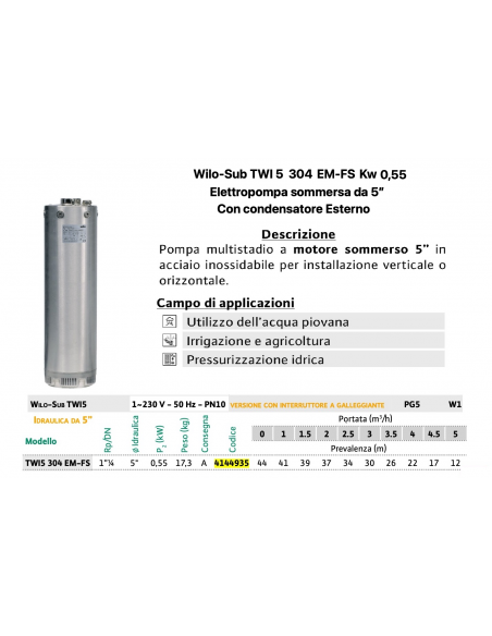 ELETTROPOMPA WILO AD  IMMERSIONE 5" TWI 304 EM-FS